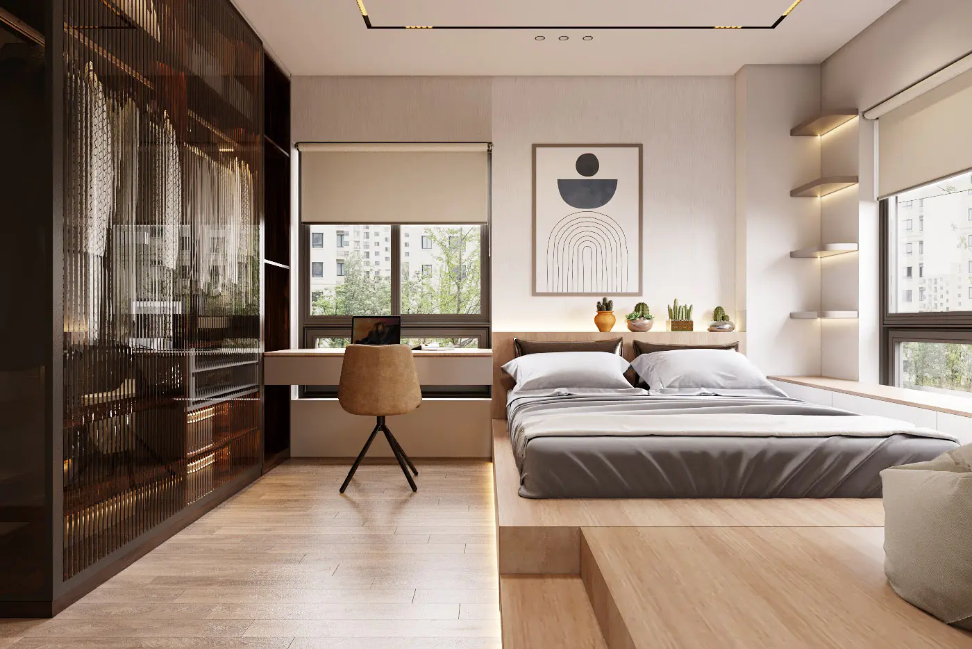 Calm OWLHOME bedroom with warm wood flooring